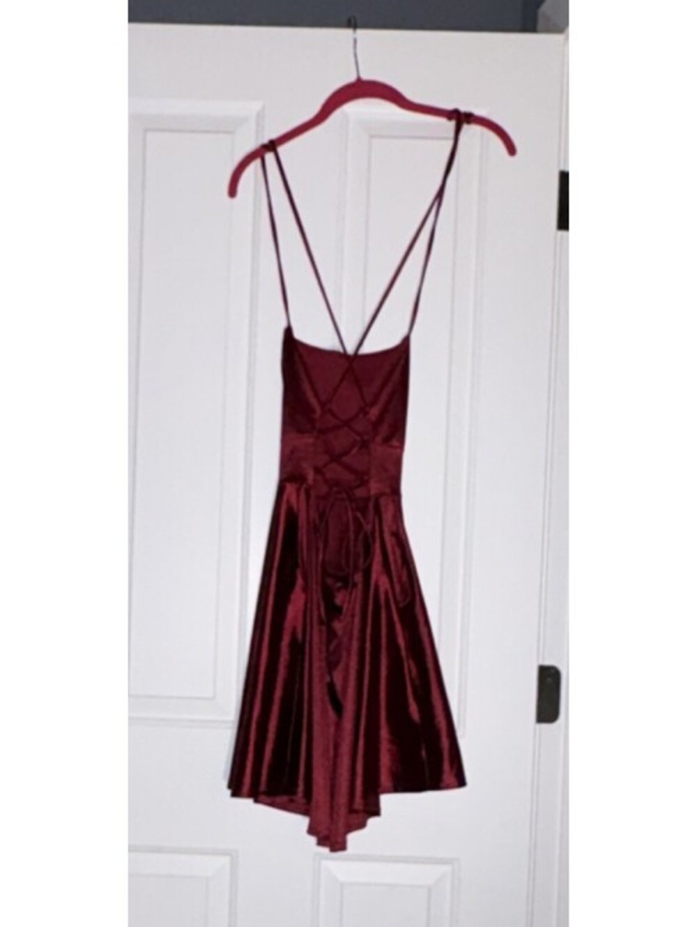 Burgundy Satin Strappy A-Line Short Dress V-Neck Sleeveless Lace Up